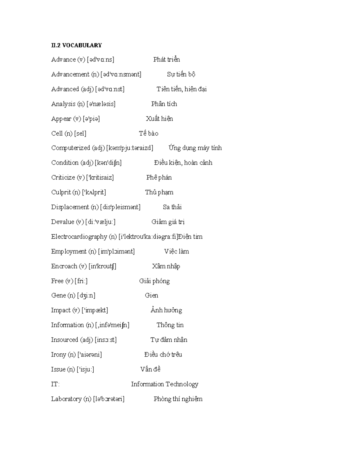 II.2 Vocabulary List for Information Technology Studies - Studocu