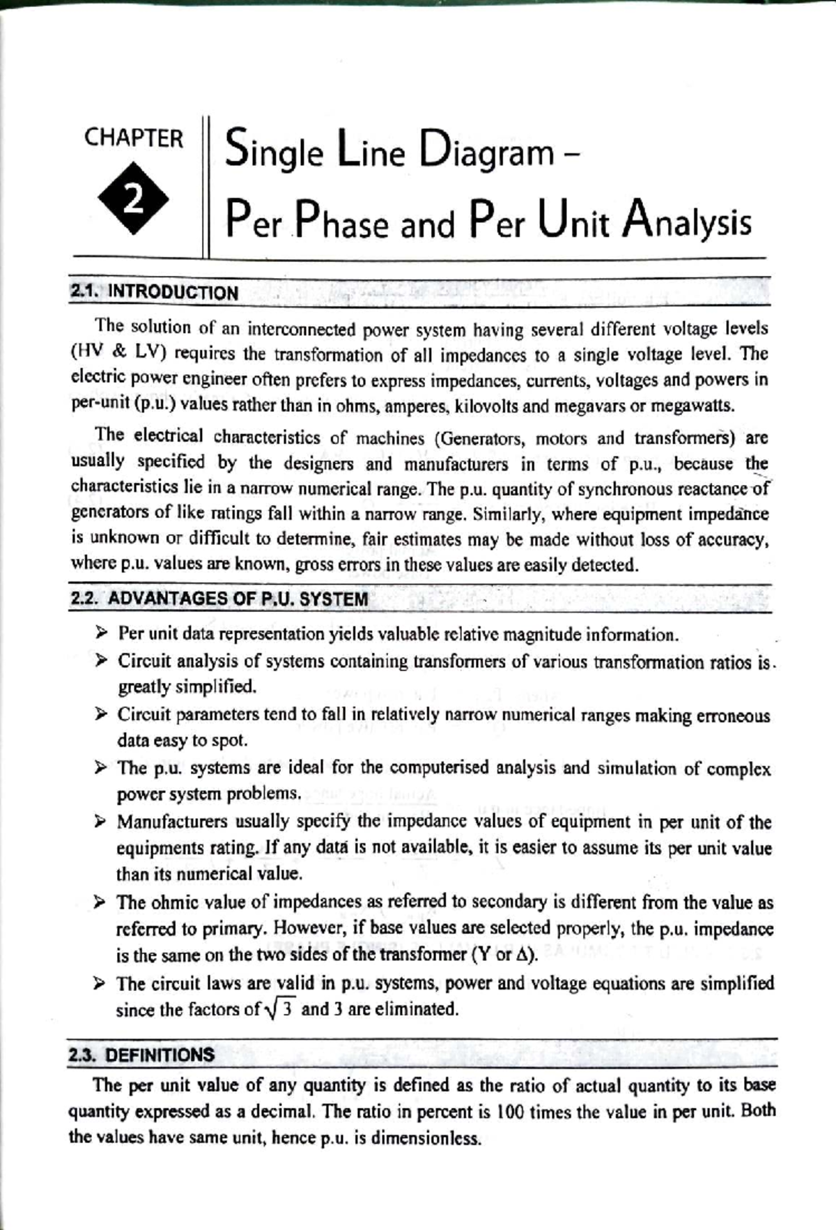 PSA 2 - Chapter on Single Line Diagram & Per Unit Analysis - Studocu