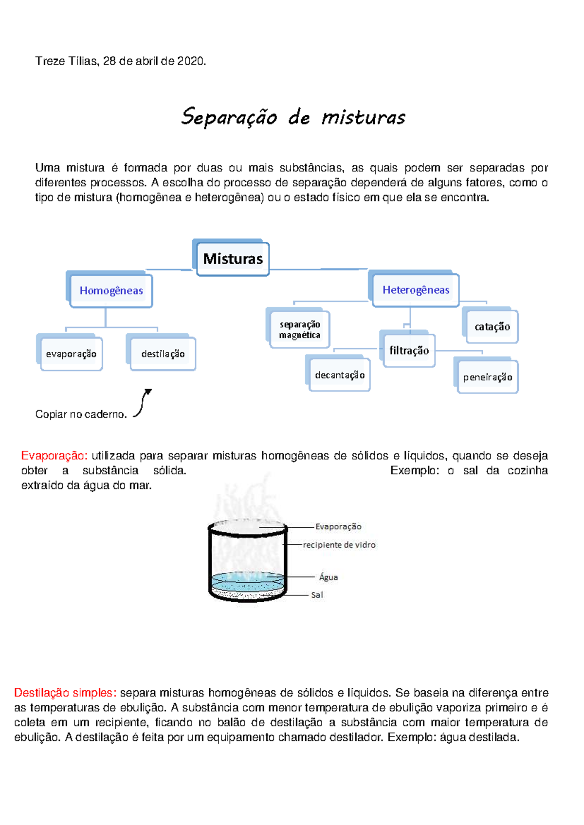 Separação de Misturas: Métodos e Exemplos - 6º Ano CIEN - Studocu