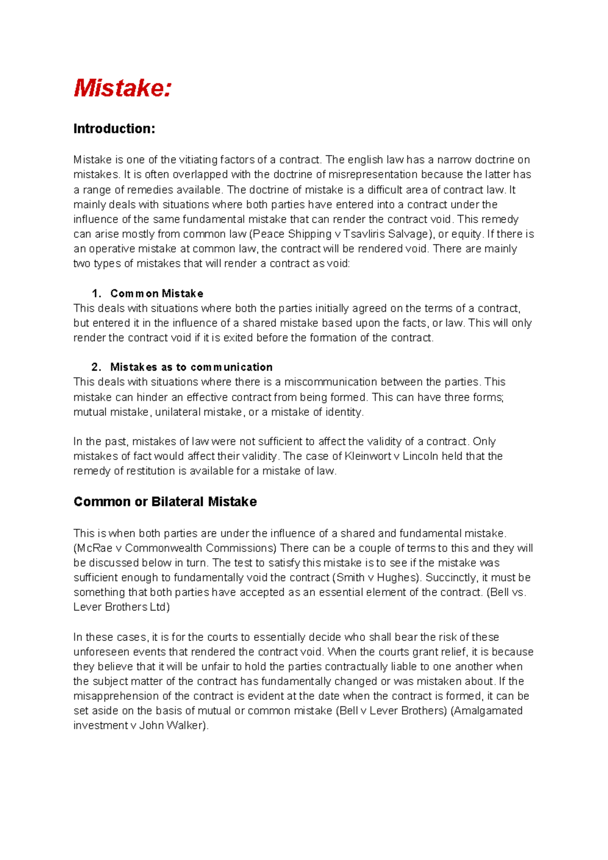 Mistake in Contract Law - Final Exam Notes (Contract Law) - Studocu