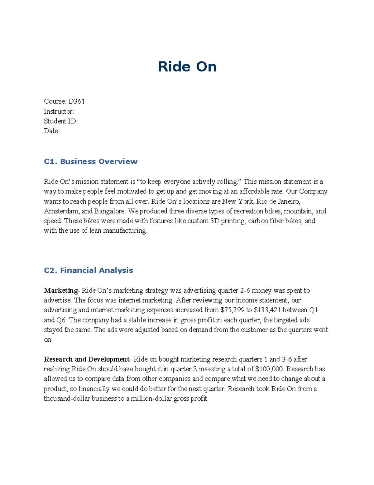 D361 task one - Make sure to use grammley - Ride On Course: D ...