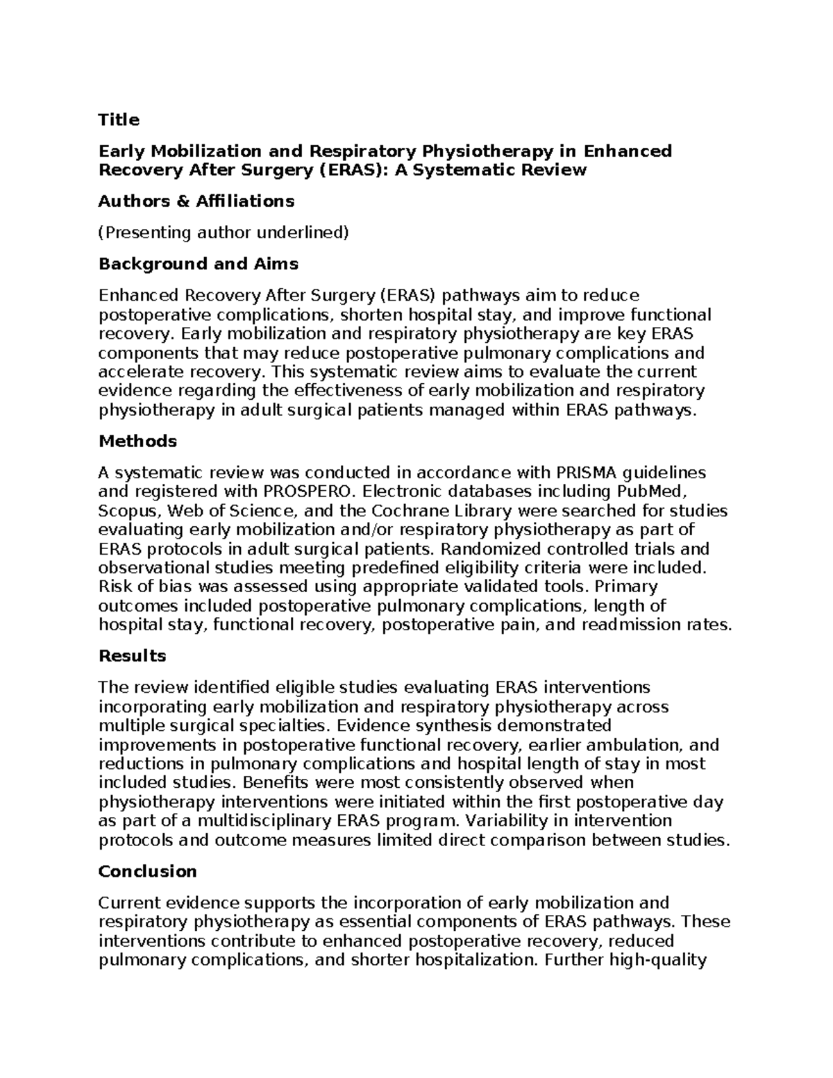 Early Mobilization & Respiratory Physiotherapy in ERAS: A Systematic ...