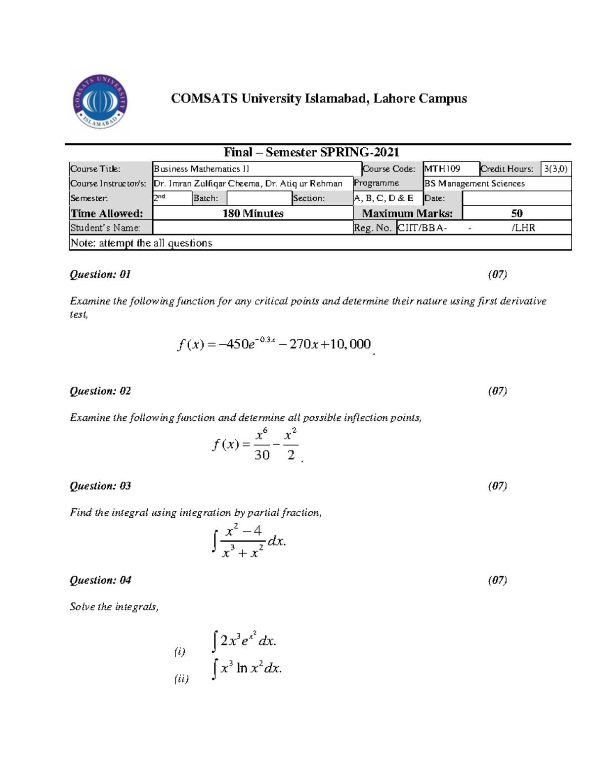 Business mathematics terminal exam-Final-Spring 2021 - Business ...