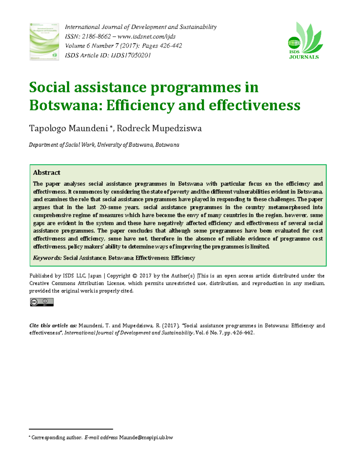 Social Assistance Programmes in Botswana: Efficiency & Effectiveness ...