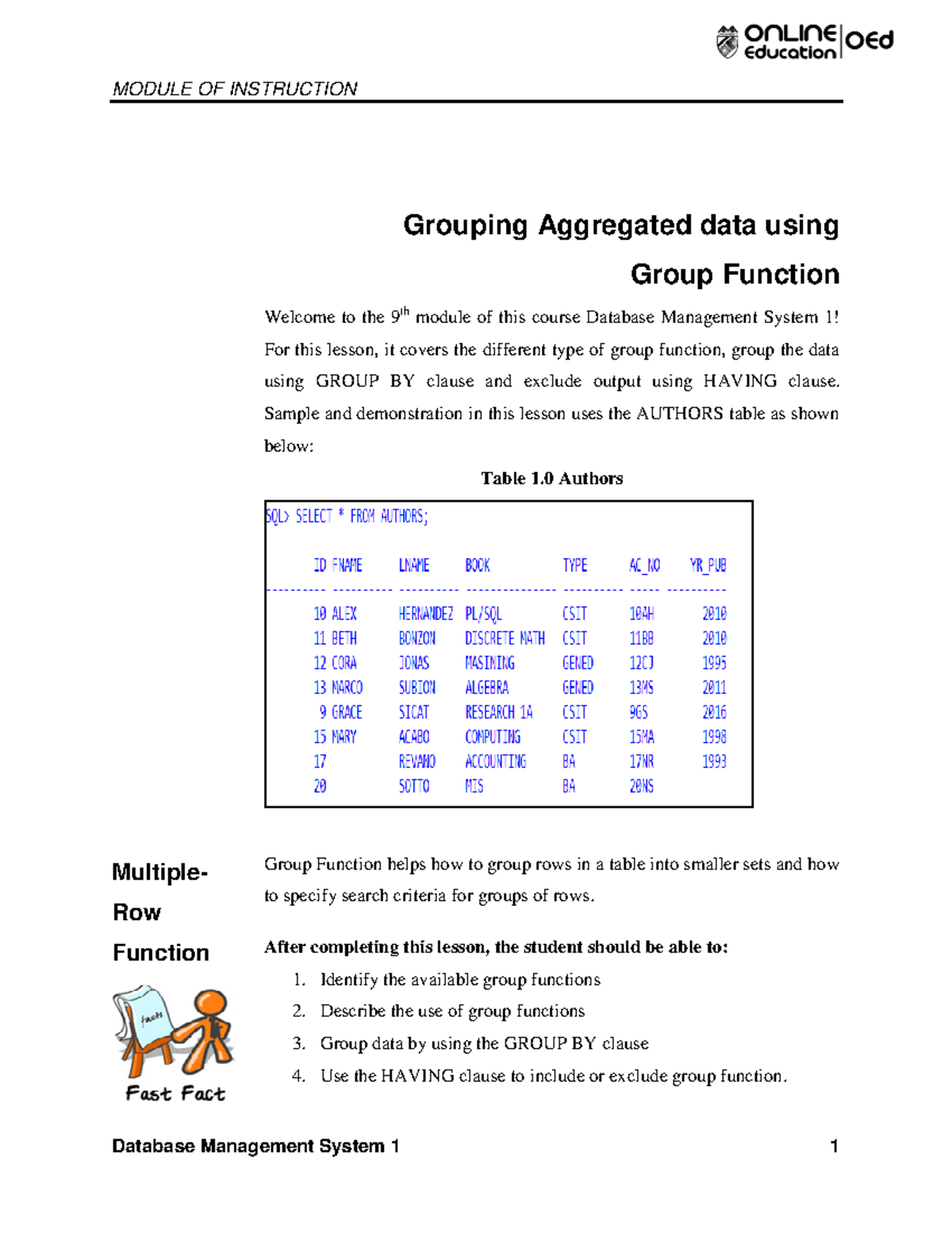 Database Management System 1: Week 11 Multiple Row Functions - Studocu