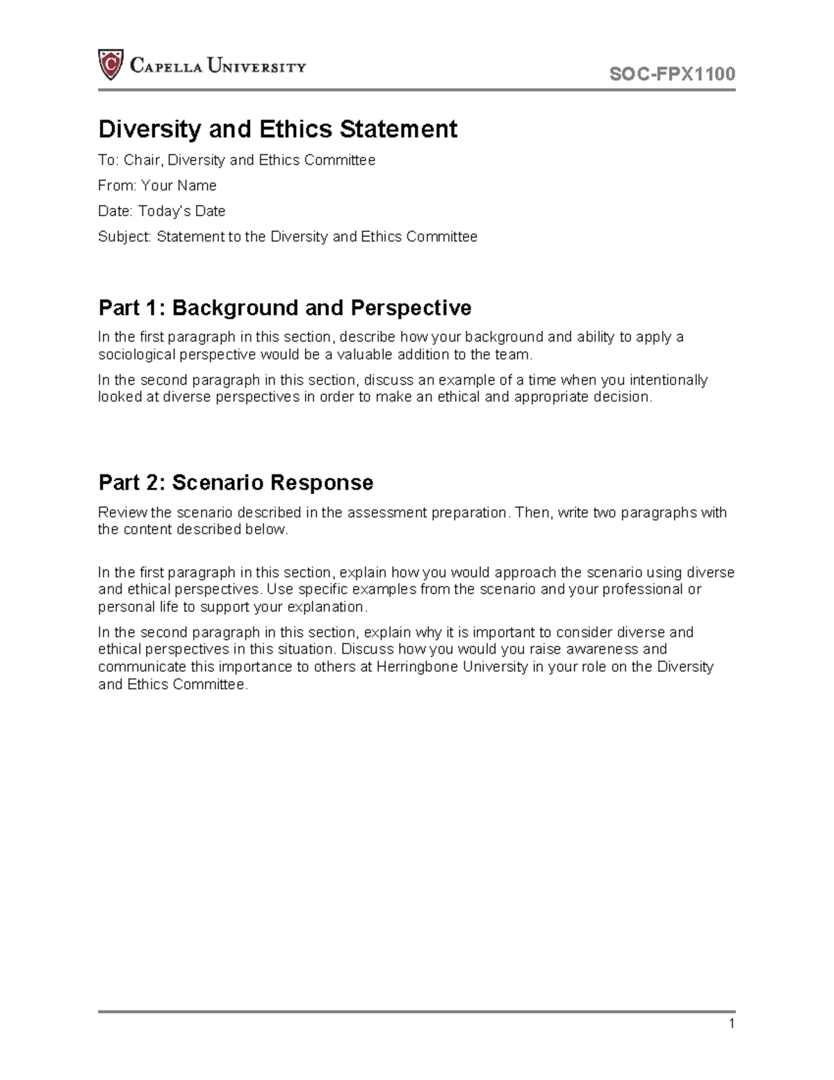 Diversity and Ethics Statement Template - SOC-FPX Overview - Studocu