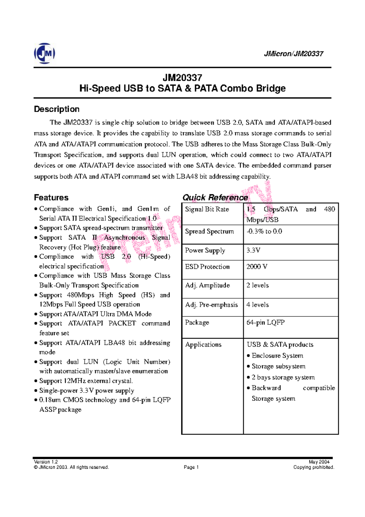 JM20337 - Descripción del Puente Combo USB a SATA/PATA - Studocu
