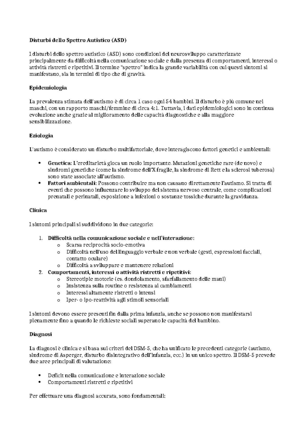 Disturbi dello Spettro Autistico (ASD): Diagnosi e Interventi - Studocu