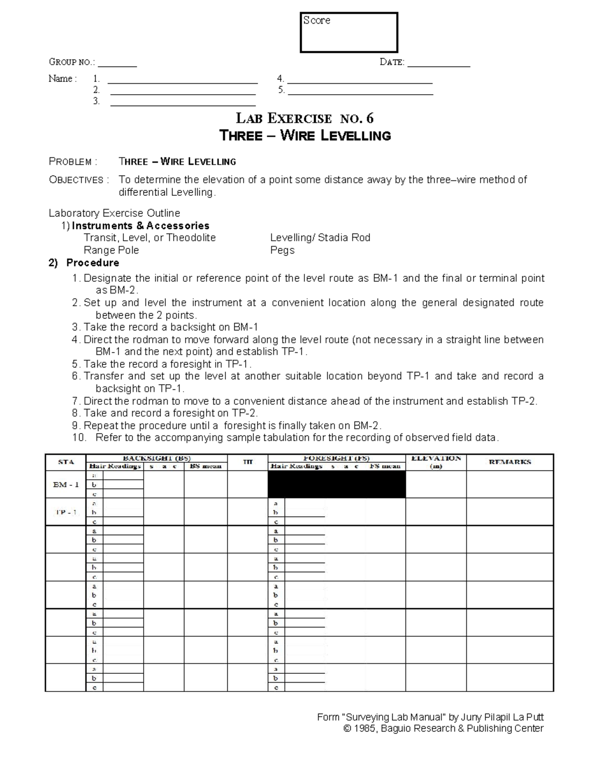 Survey Lab 05: Three Wire Leveling Exercise Guide - Studocu
