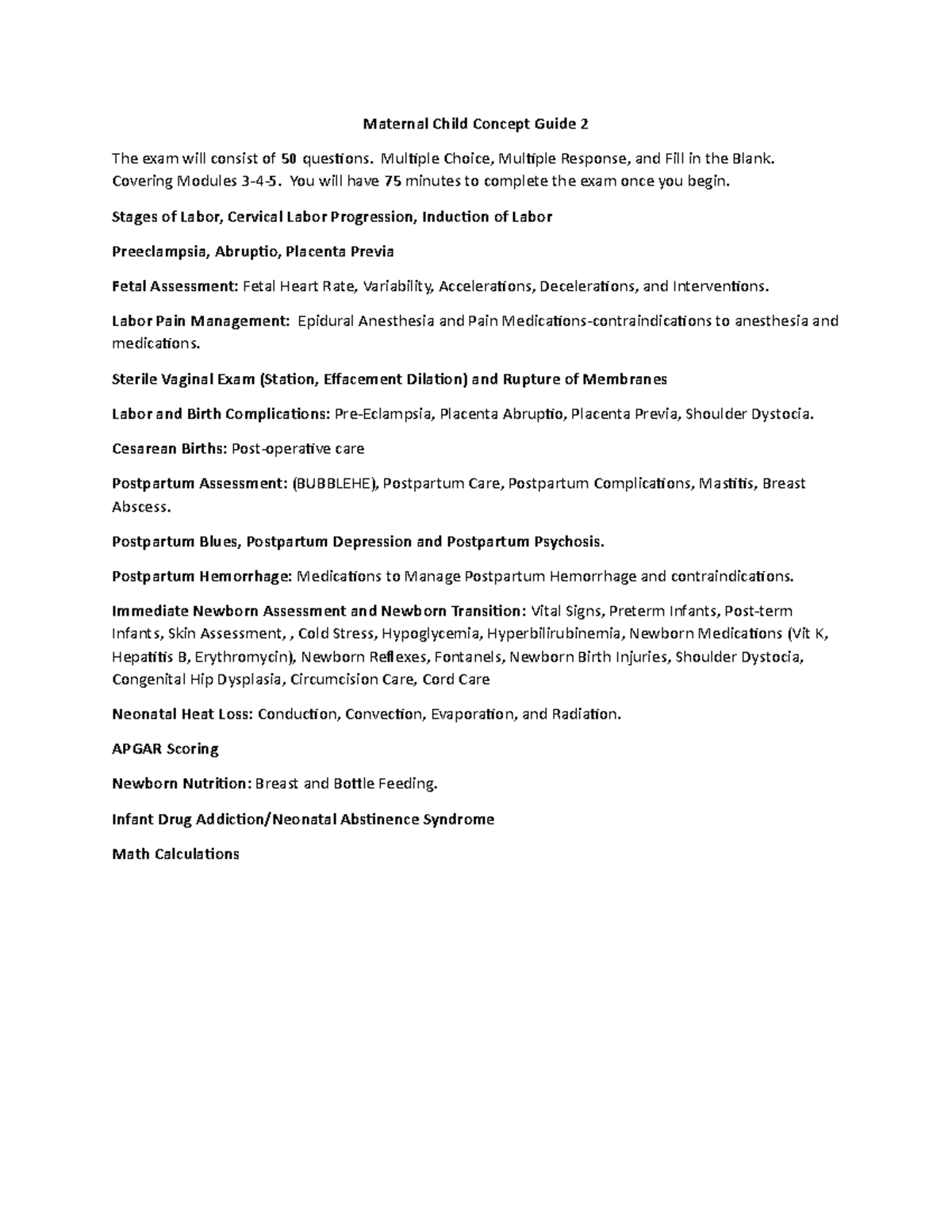Exam 2 Concept Guide - Maternal Child Concept Guide 2 The exam will ...