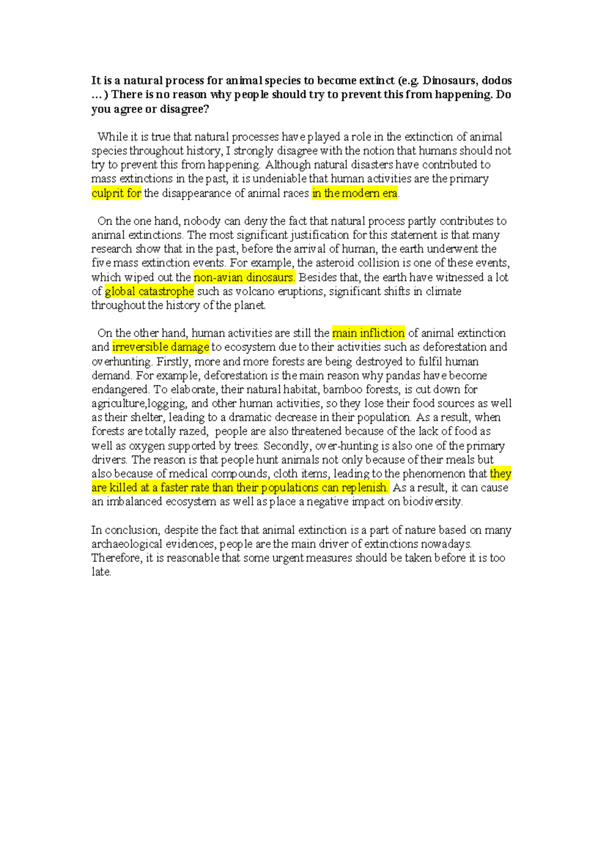 Hw Writing Task 2: The Role of Humans in Animal Extinction - Studocu