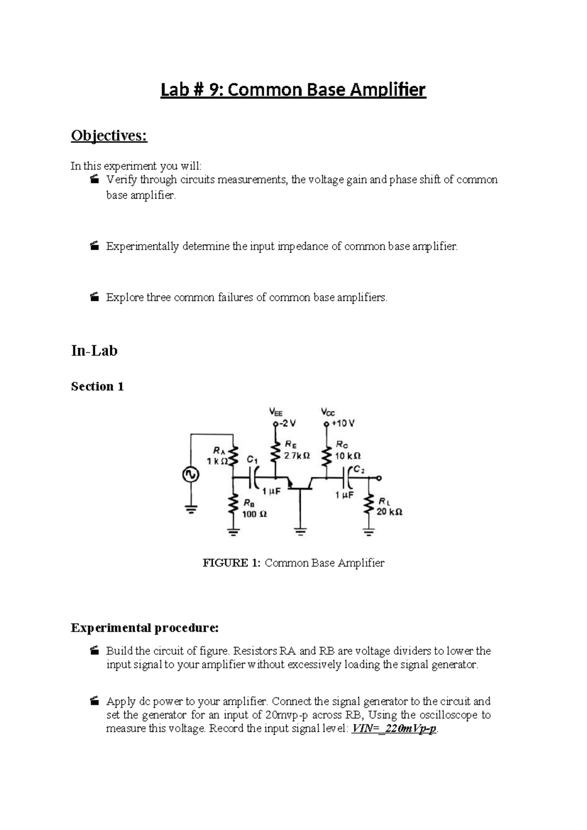Lab 9: Common Base Amplifier Experiment for ELECTRONICS 1 - Studocu