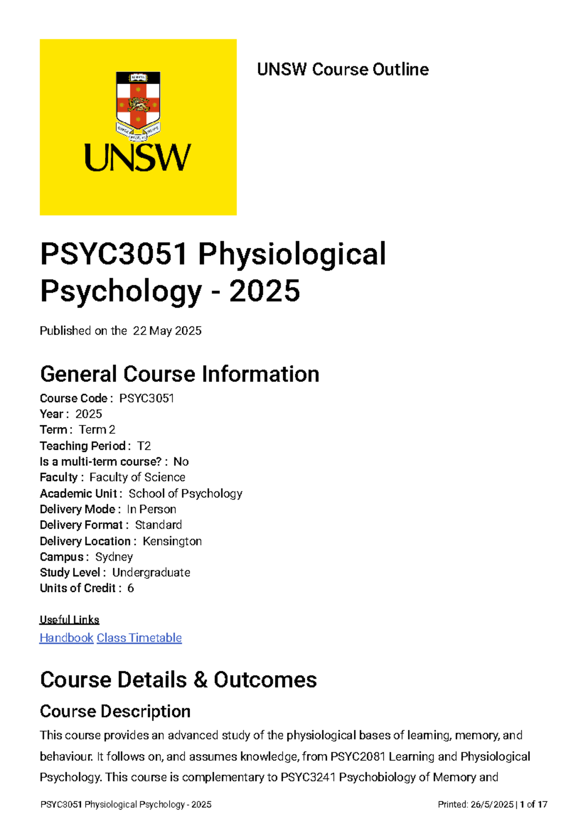 PSYC3051 Physiological Psychology Course Outline 2025 - Term 2 - Studocu