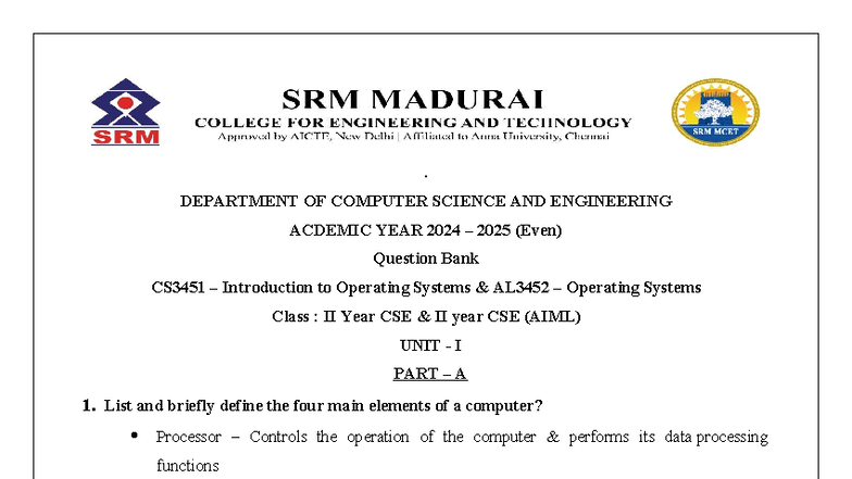 Question Bank CS3451: Unit 1 - Introduction to Operating Systems - Studocu
