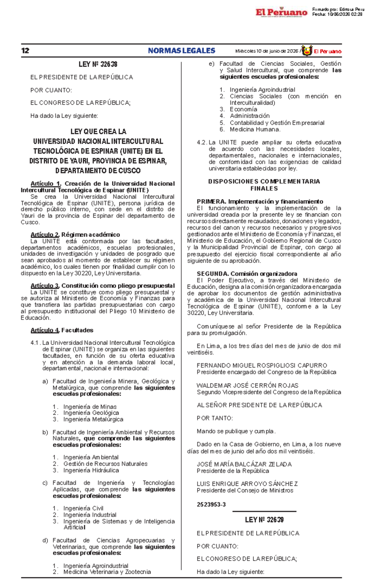 Ley Nº 32638: Creación de la Universidad Nacional Intercultural ...