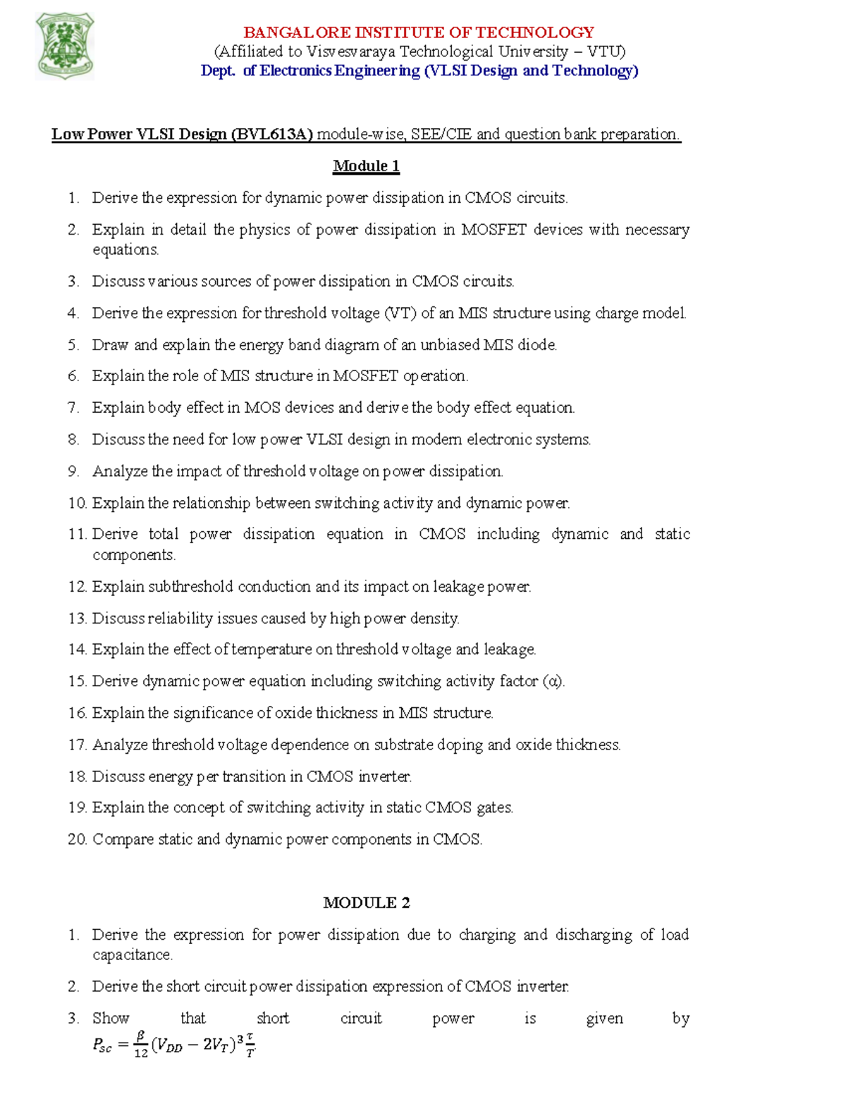 Low Power VLSI Design Question Bank (BVL613A) - Modules 1 & 2 - Studocu