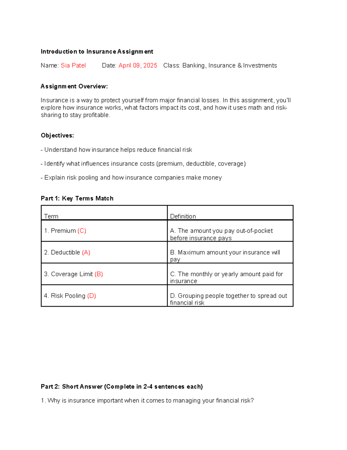 Banking, Insurance & Investments: Intro to Insurance Assignment ...