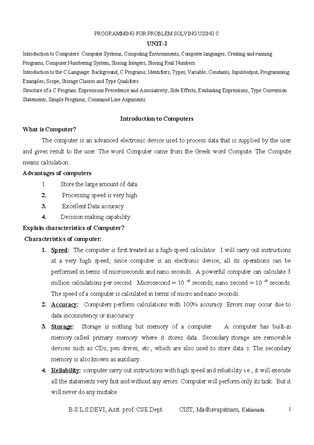 C UNIT 1 Notes: Intro to Programming Concepts and C Language Essentials ...