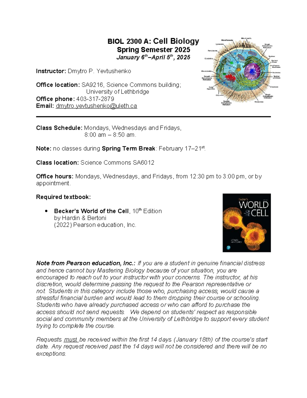 BIOL 2300 Syllabus: Cell Biology Course Spring 2025 Details - Studocu