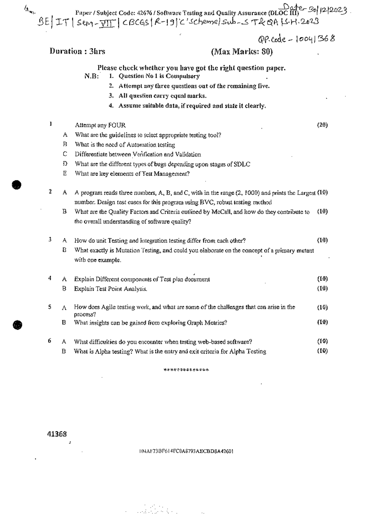 Code: 42676 Software Testing & QA Final Exam Question Paper - Studocu