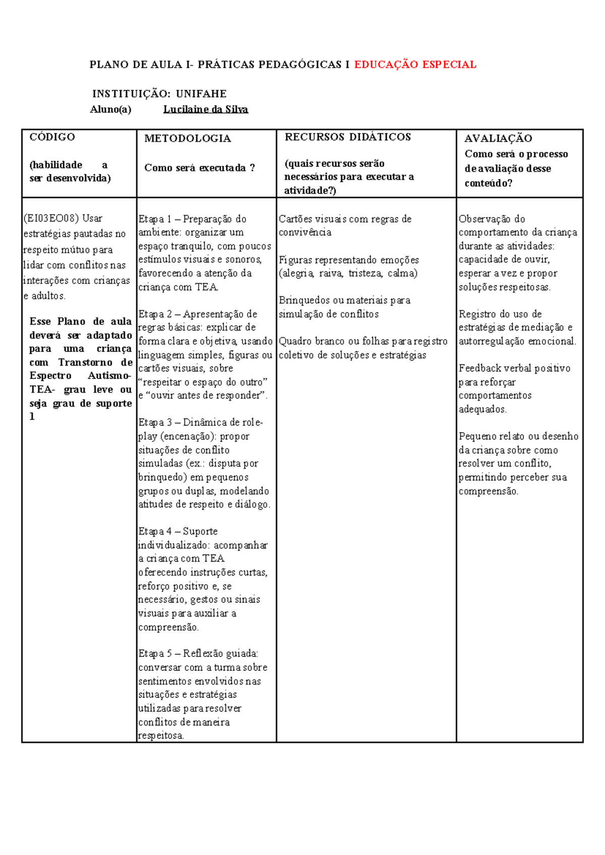 PLANO DE AULA PRÁTICAS PEDAGÓGICAS I EDUCAÇÃO ESPECIAL - UNIFAHE - Studocu