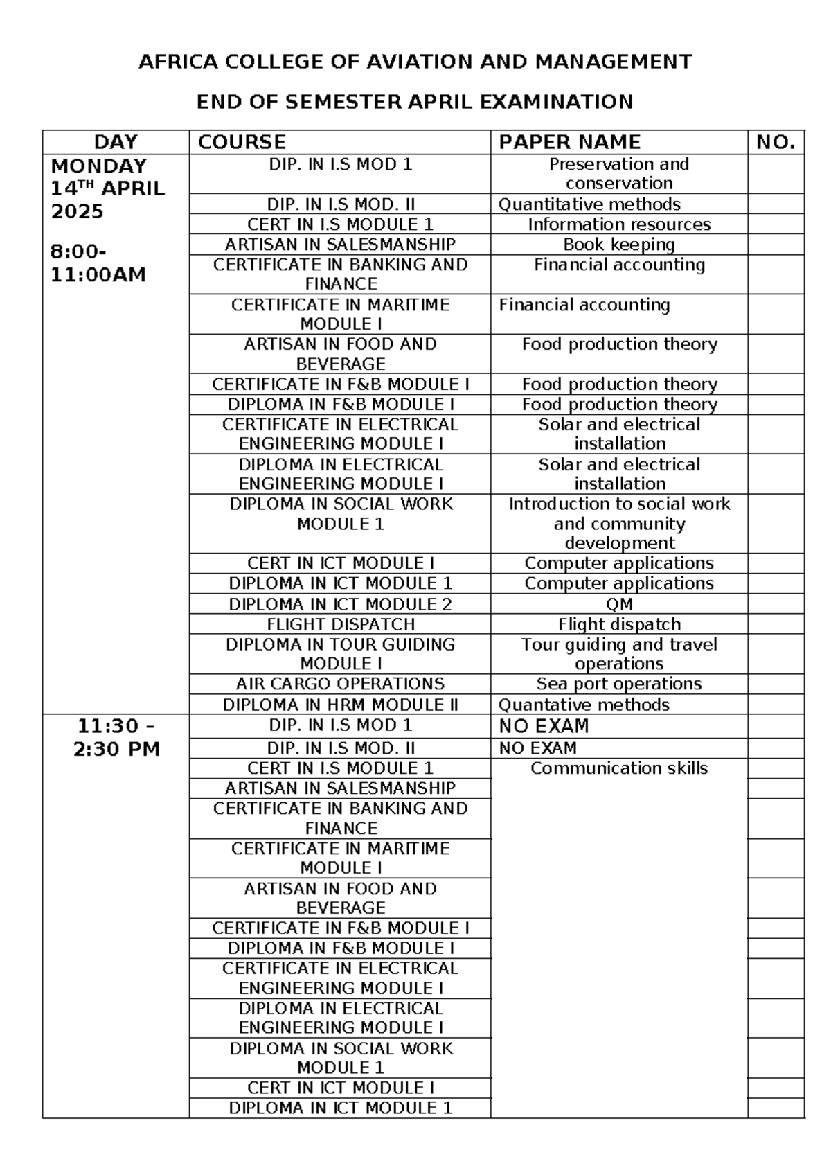 April 2025 End of Semester Exam Timetable for Various Courses - Studocu