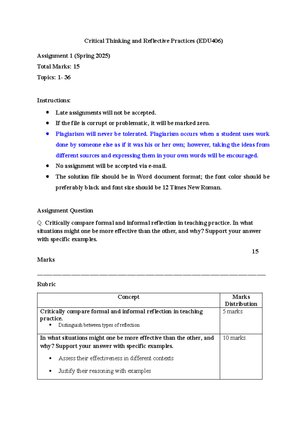 Critical Thinking & Reflective Practices (EDU406) Assignment 1 Guide ...