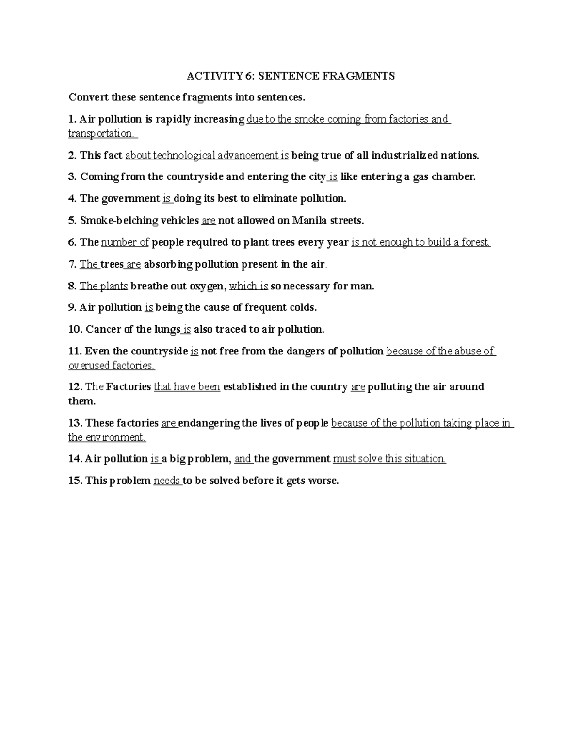 Sentence Fragments Activity - EEP - Studocu