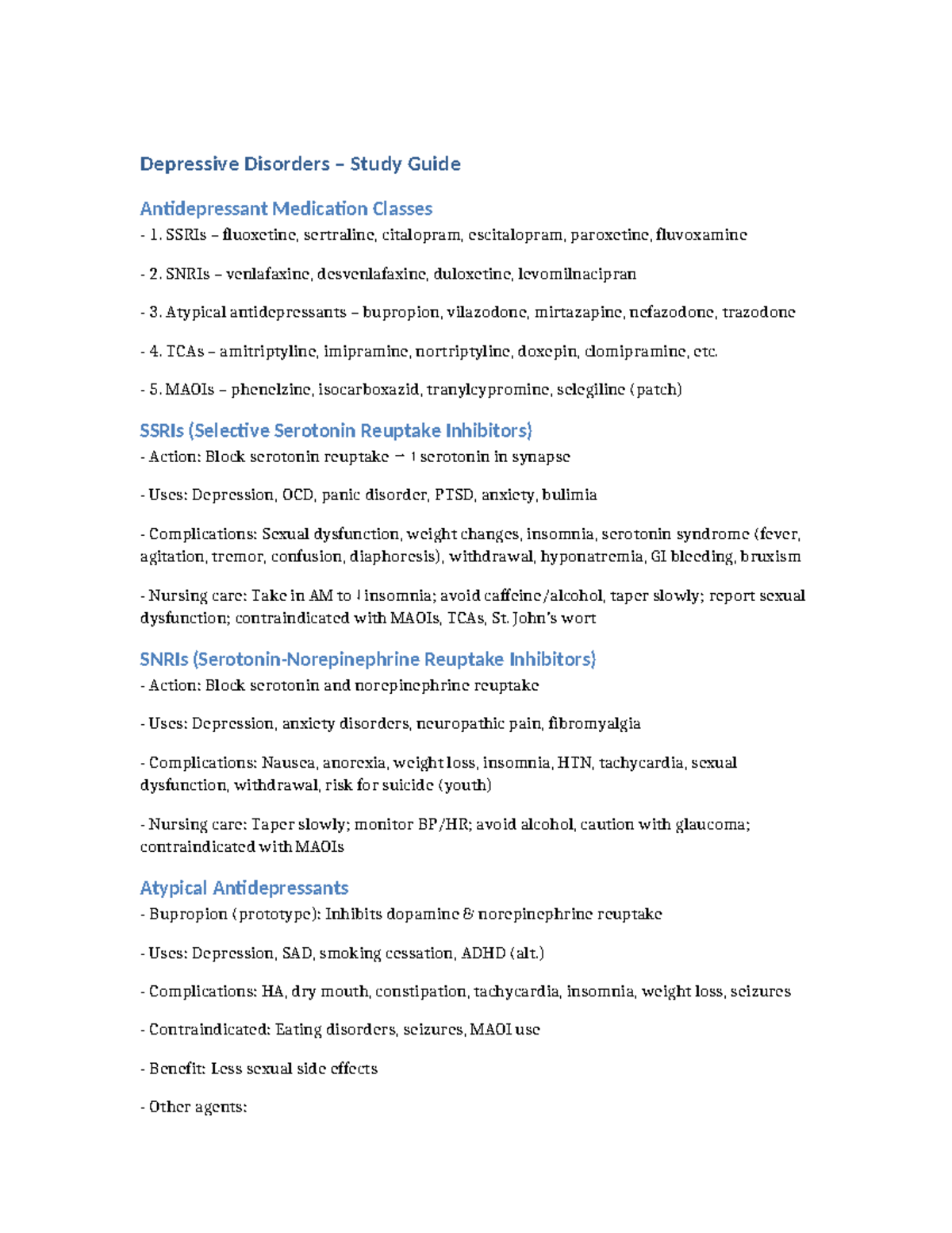 Depressive Disorders Study Guide: Antidepressant Medications (ATI ...