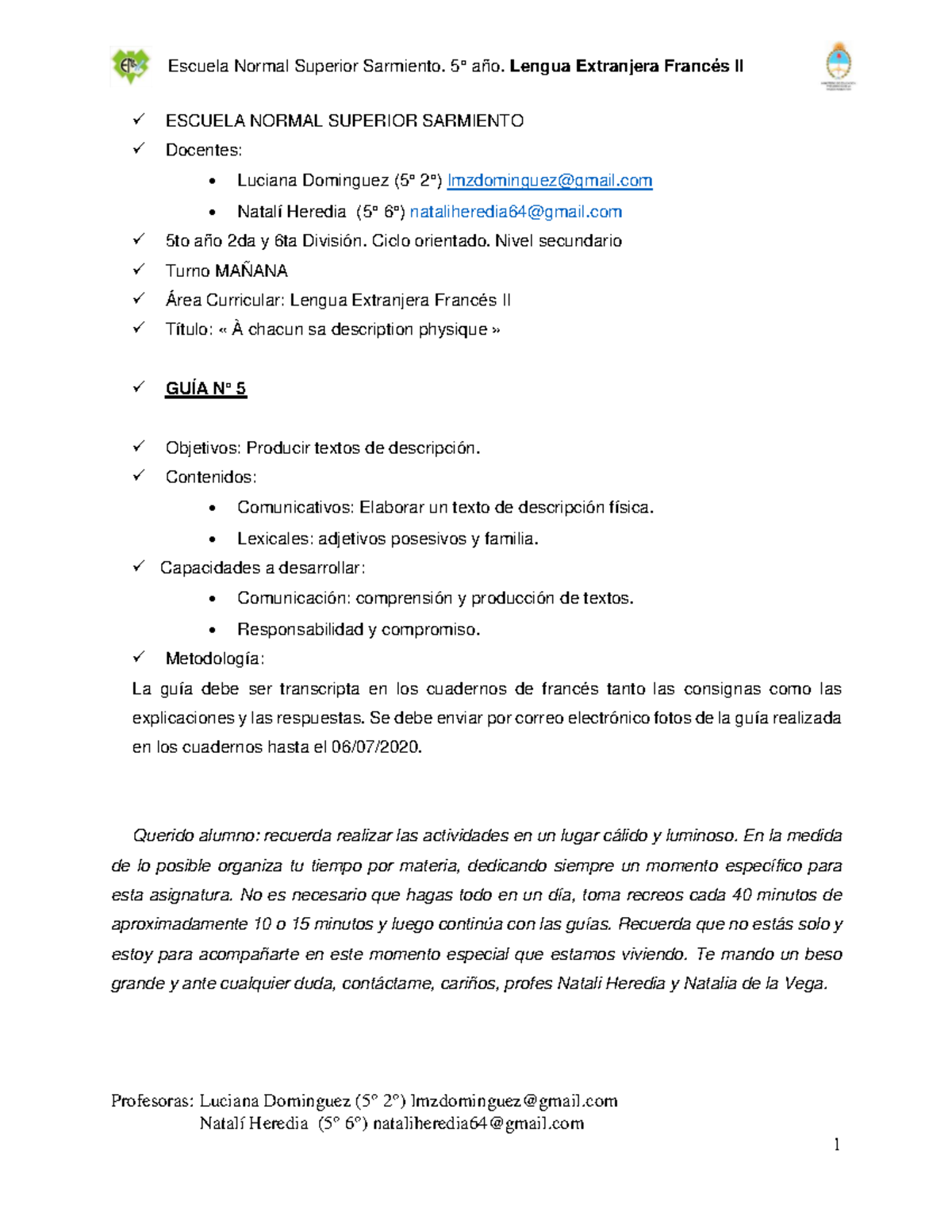 700025400 ENSS Guía N° 5: Descripción Física en Francés II - Studocu