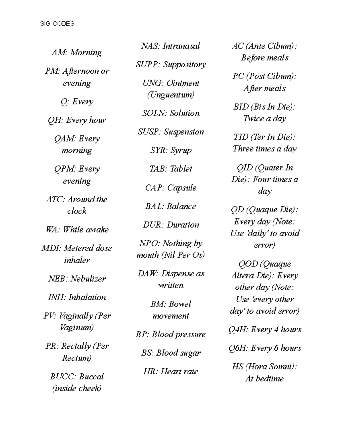 PTCB Study Guide: Common SIG Codes and Abbreviations - Studocu