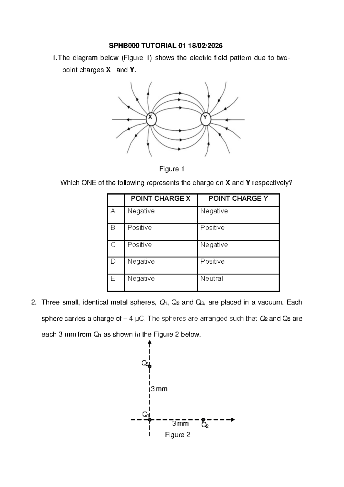 SPHB000 Tutorial 01: Electric Field Patterns & Charge Questions - Studocu