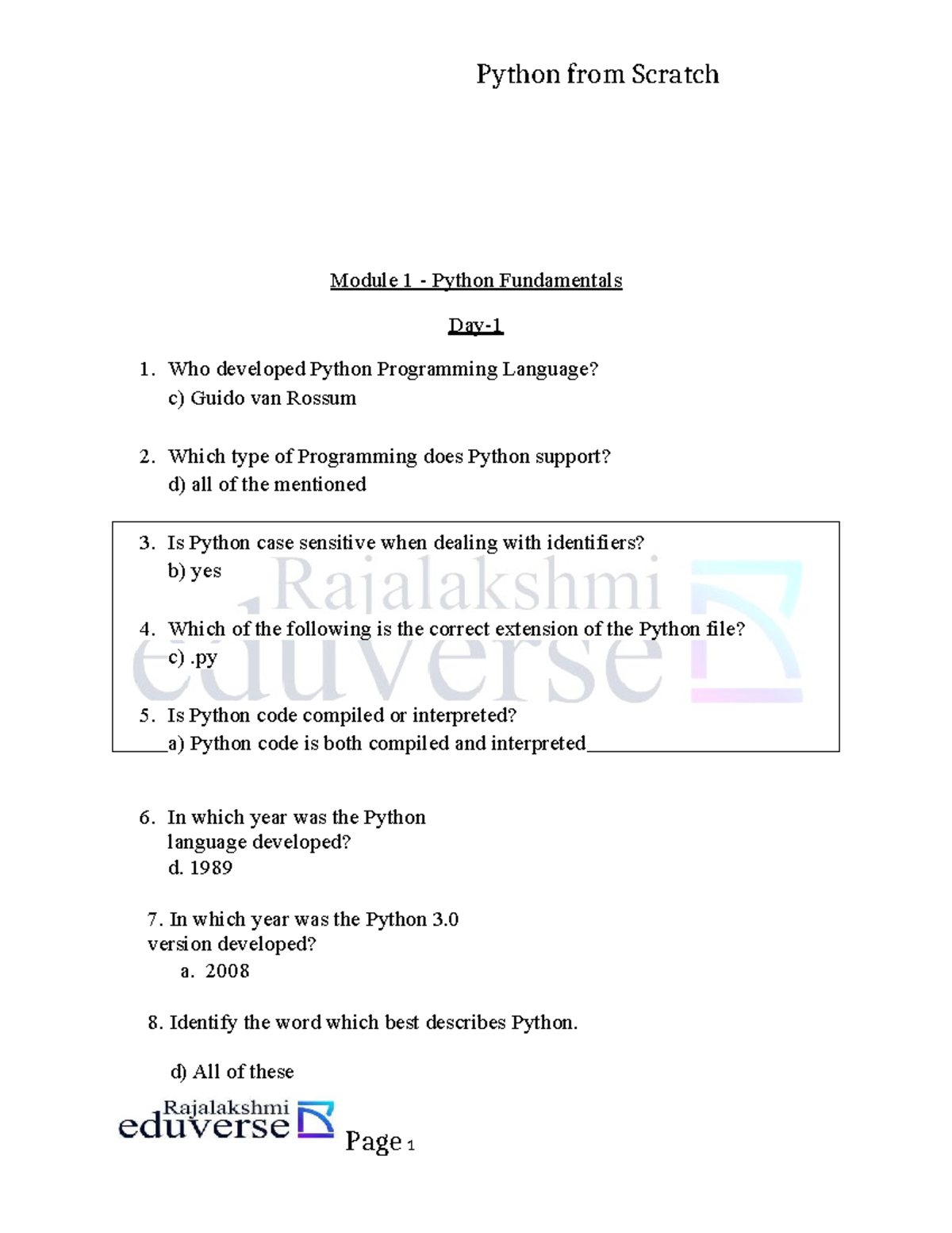 Python from Scratch MCQ 1: Fundamentals and Concepts - Studocu