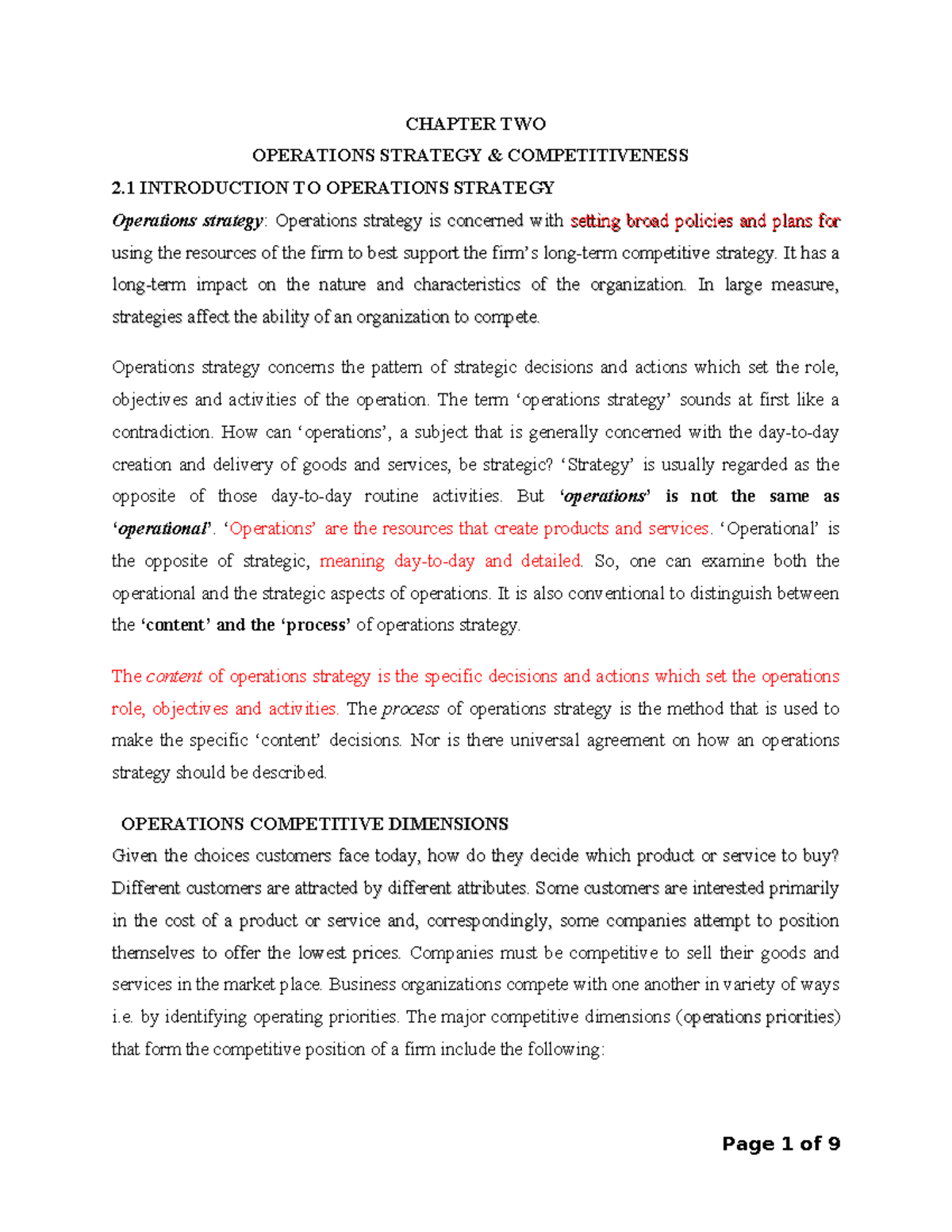 LECTURE NOTES ON OPERATIONS STRATEGY AND COMPETITIVENESS - Studocu
