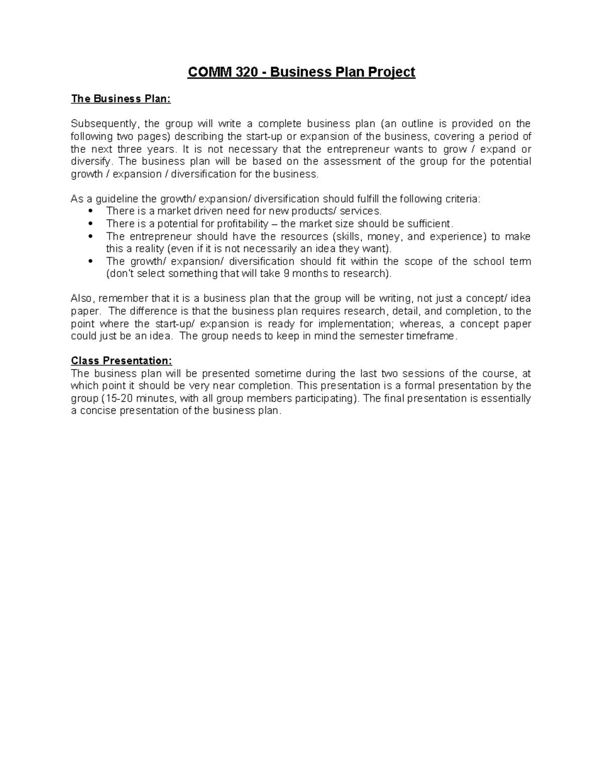 COMM320 Guidelines Business Plan - COMM 320 - Business Plan Project The ...