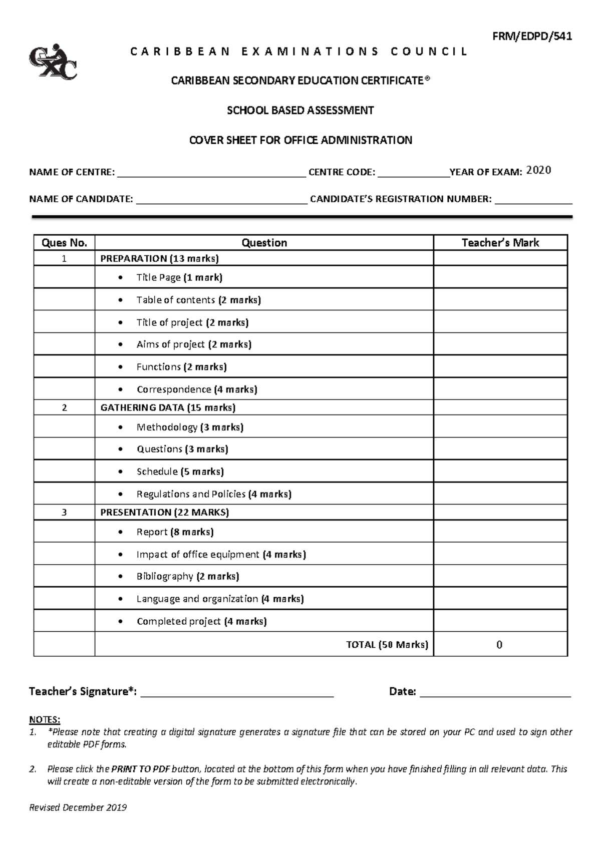 CSEC Office Admin Cover Sheet SBAs for ESBA Dec 2019 - Studocu