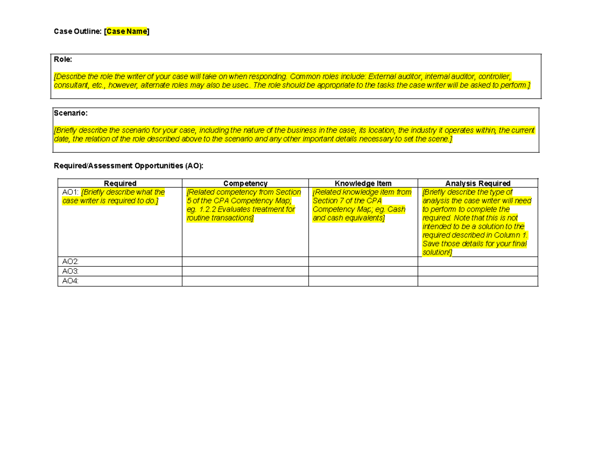 Case Outline Template: Roles, Scenarios, and Analysis for CPA ...
