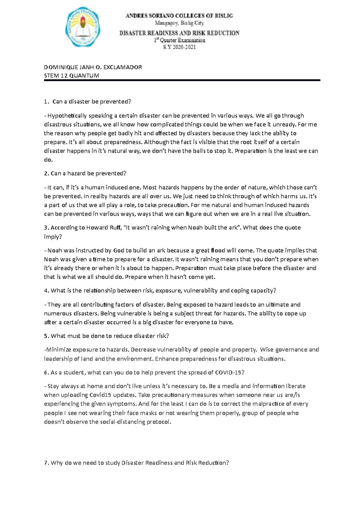 DRRR 12 STEM 1ST Quarter Exam: Key Concepts & Answers - Studocu