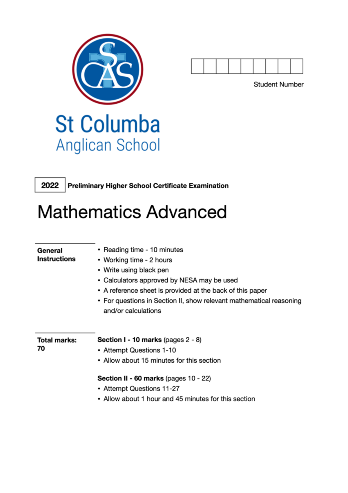 2022 SCAS Exam - Mathematics Advanced Section I & II Questions - Studocu