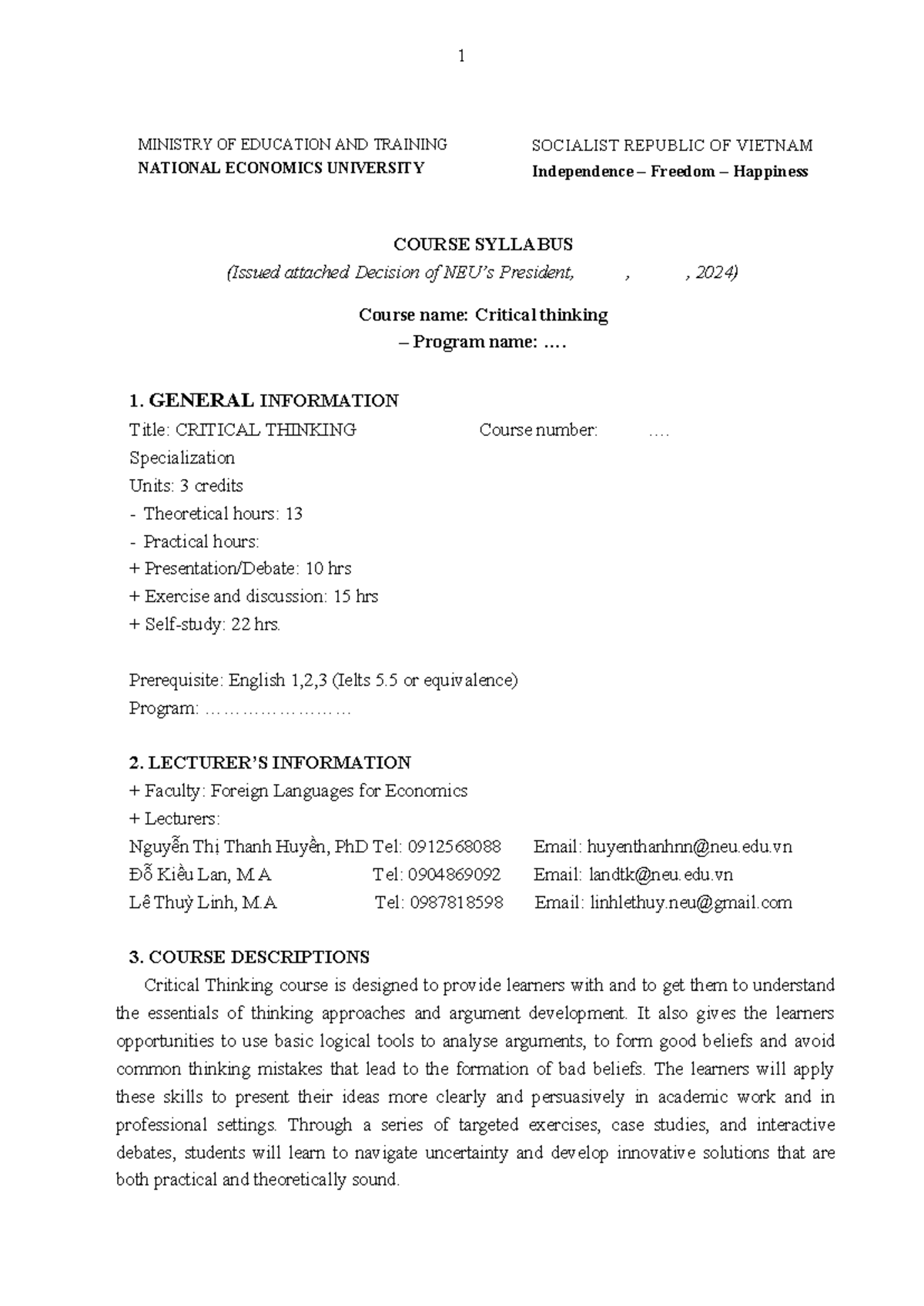 Critical Thinking Course Syllabus 2024 - NEU - Studocu