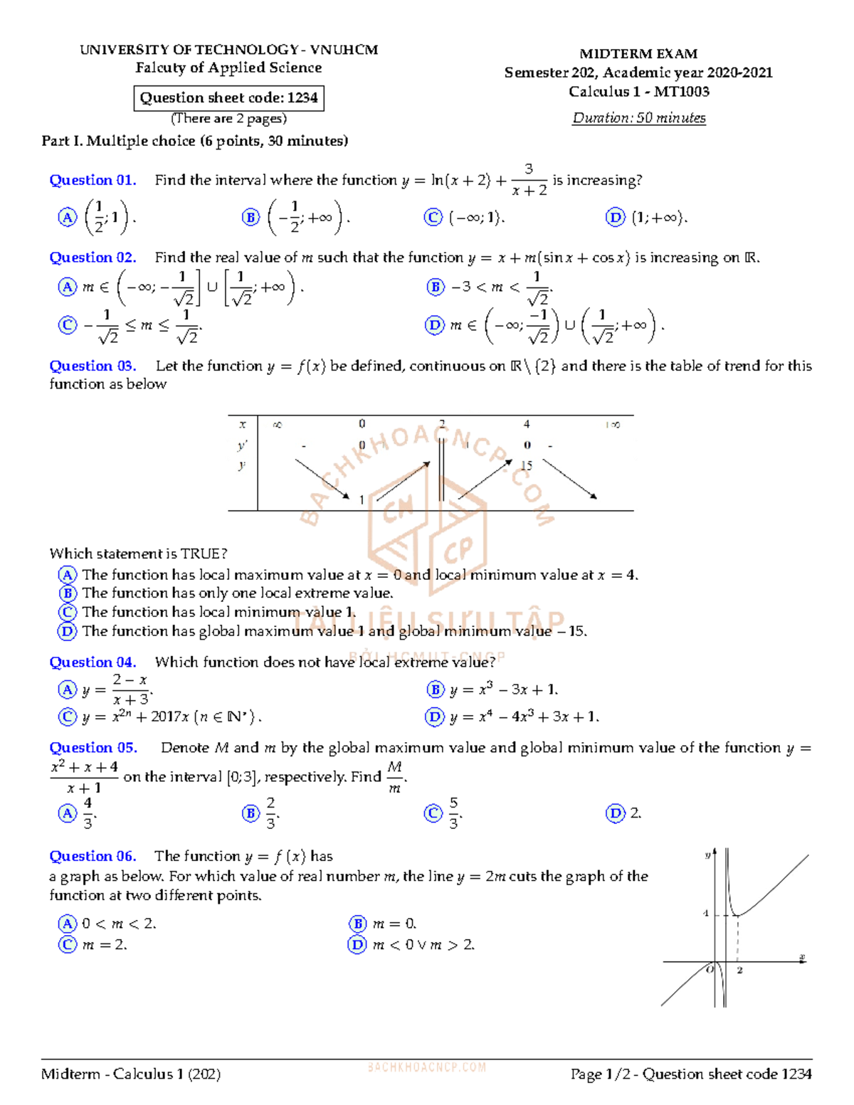 Midterm Exam Questions and Answers for Calculus 1 MT1003 (202) - Studocu
