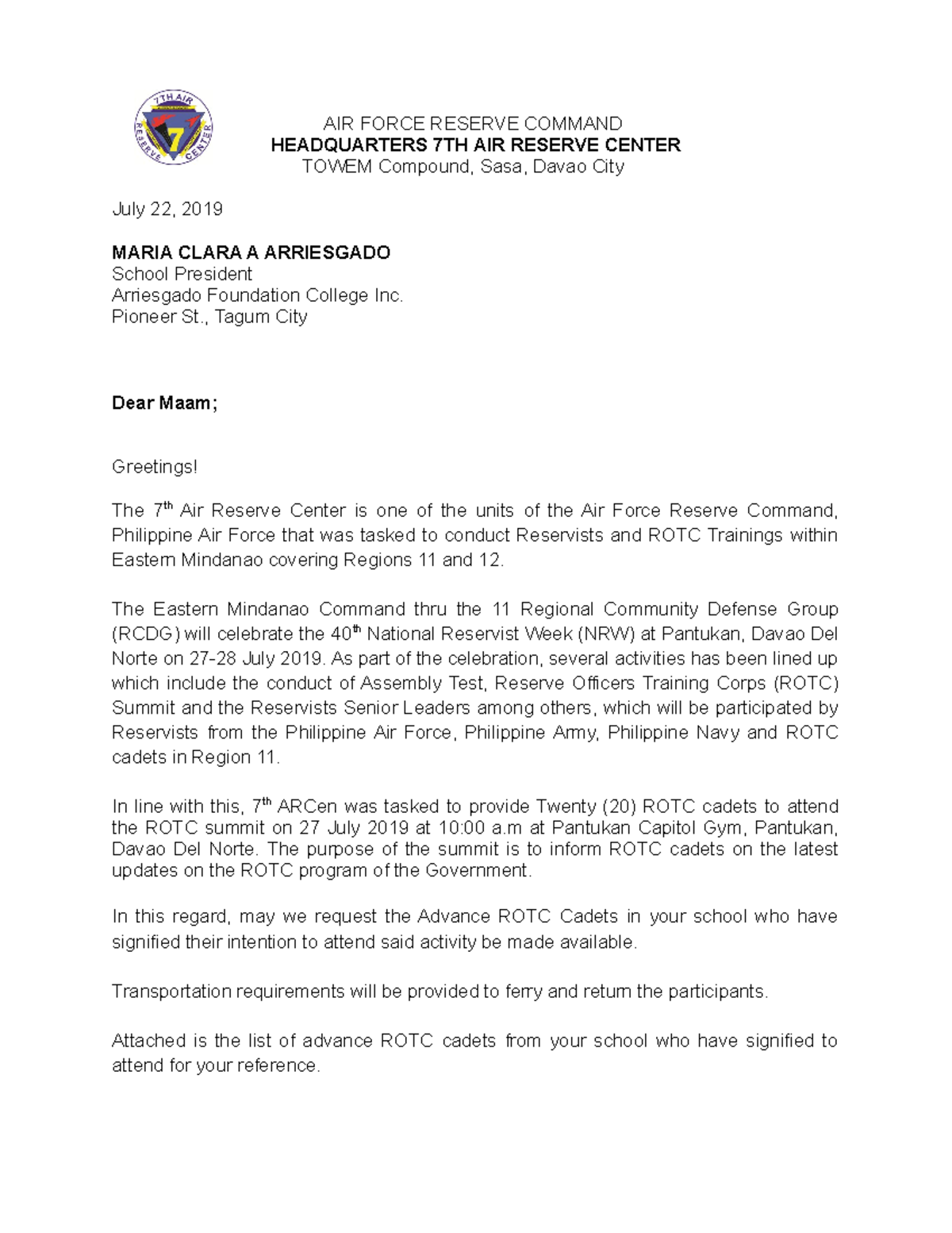 Civilian Letter TO NRW 2019 - AIR FORCE RESERVE COMMAND HEADQUARTERS ...