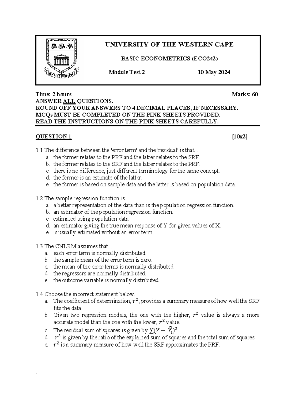 ECO242 Module Test 2: Econometrics Exam - May 2024 - Studocu