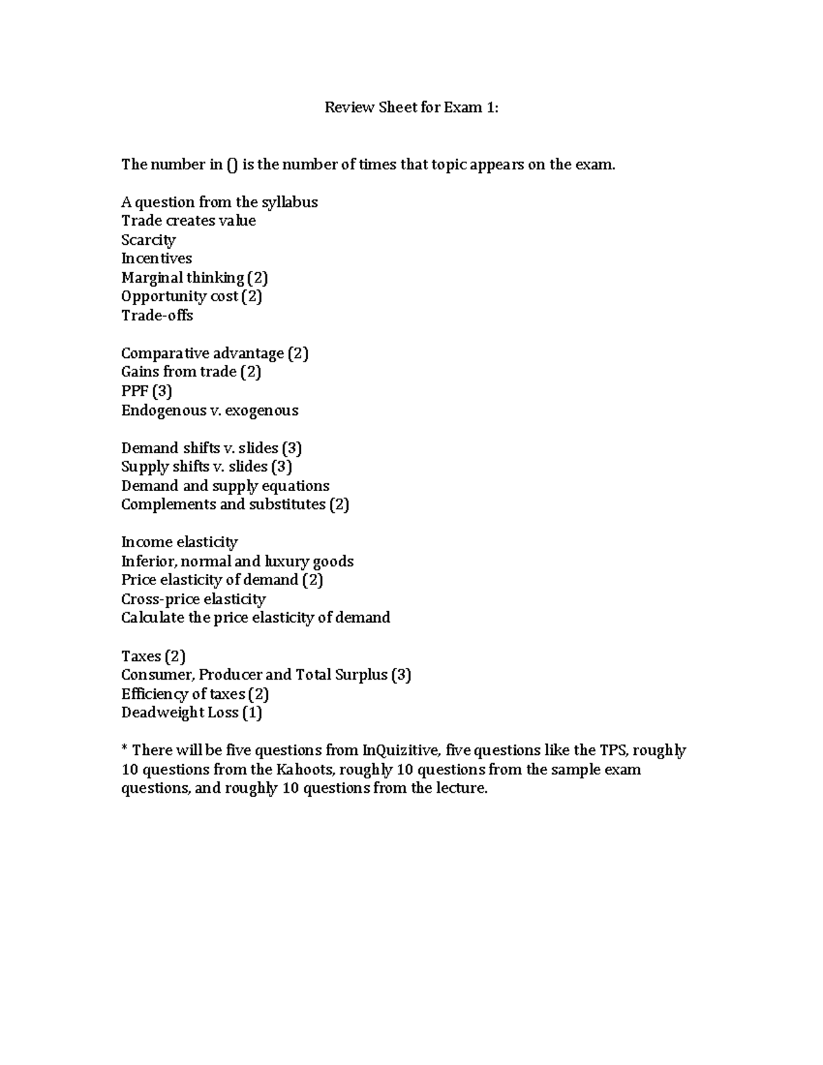 Review Sheet for ECON 101: Exam 1 Prep Guide - Studocu