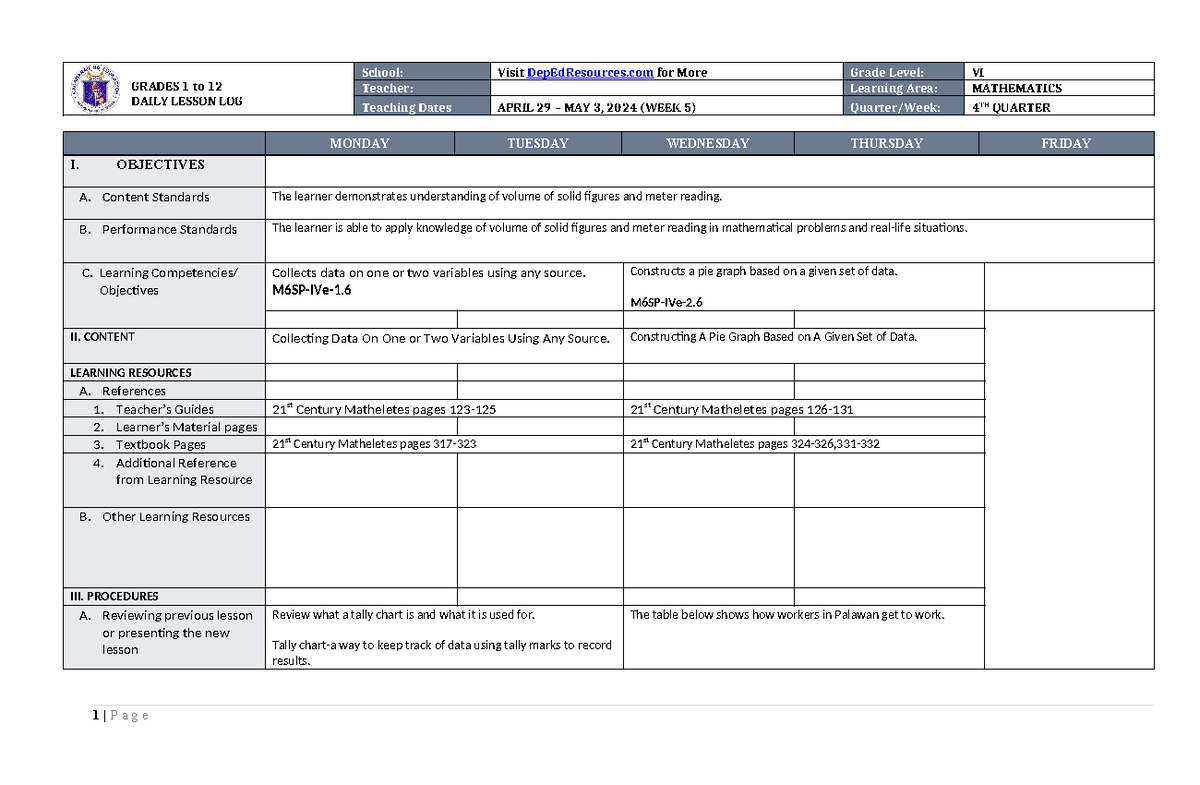 DLL Mathematics 6 Q4 W5: Daily Lesson Log on Data Collection and ...