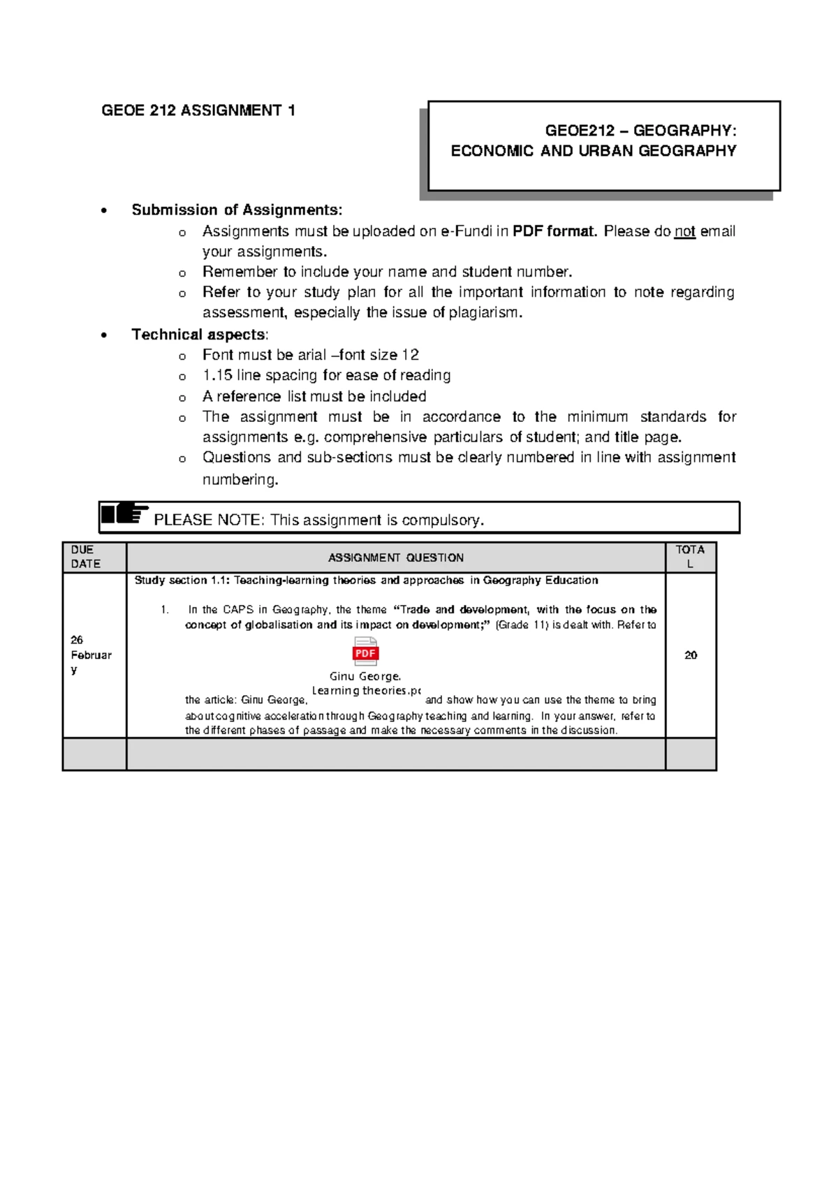 GEOE 212 Assignment 1 Guidelines and Submission Details - Studocu