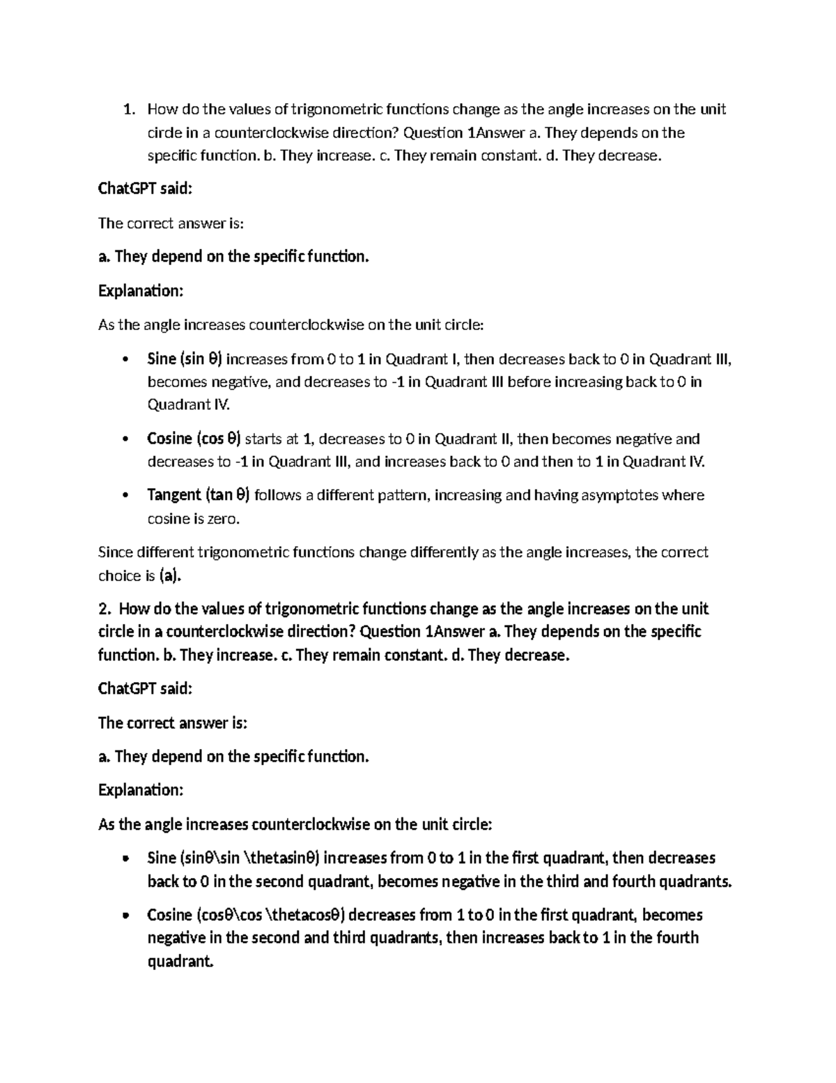 Graded QUIZ UNIT 6: Trigonometric Functions & Unit Circle Analysis ...