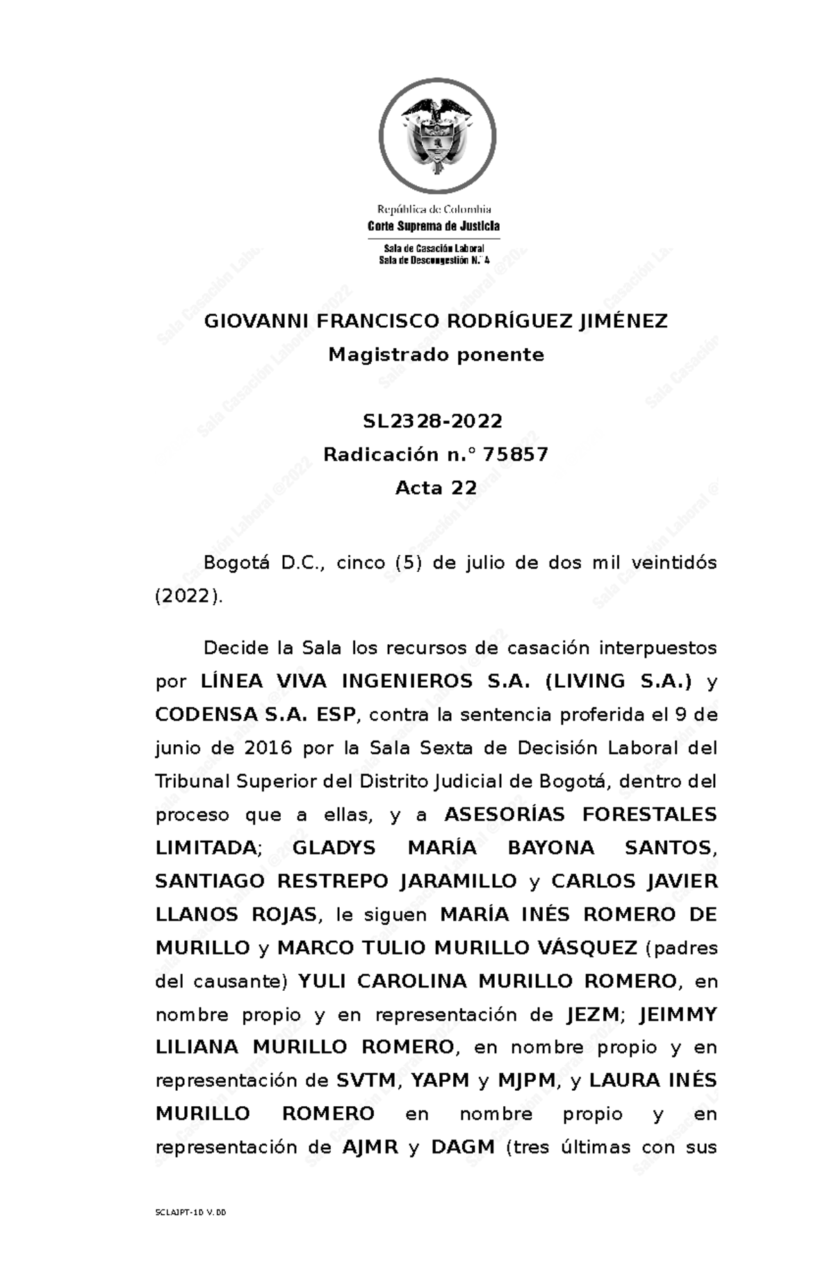 SL2328-2022 - Sentencia de la Corte Suprema Laboral en Accidentes de