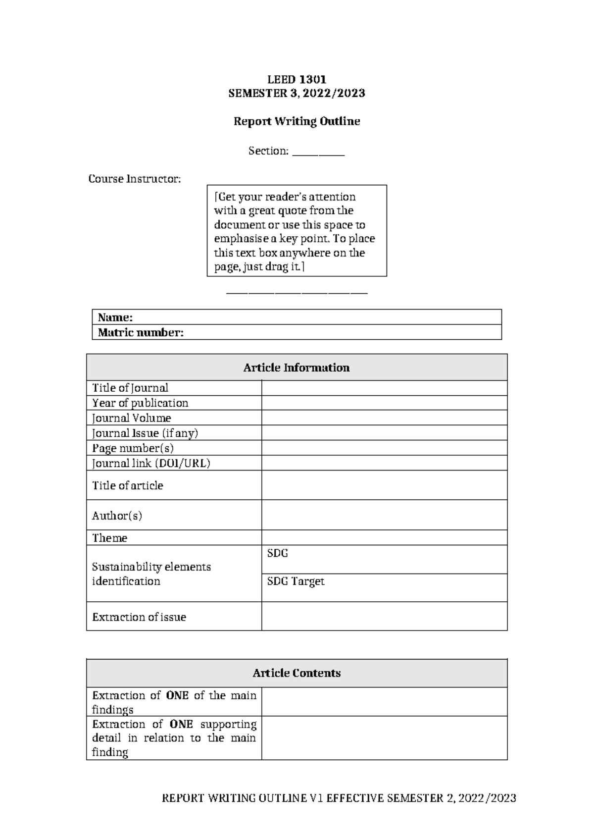 LEED 1301 Report Writing Outline Template for Semester 3, 2022 - Studocu