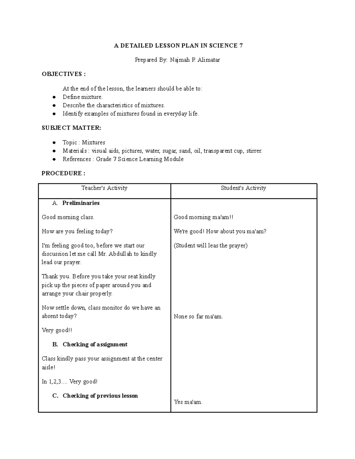 Detailed Lesson Plan: Mixtures in Science 7 - Studocu